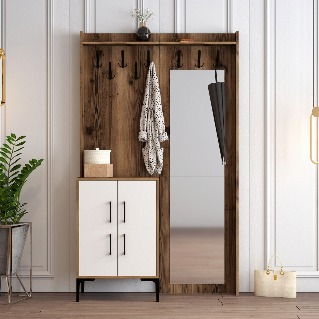 Cuier de perete, Hanah Home, Berlin BC, 120x200x35 cm, Nuc/Alb - imagine 7